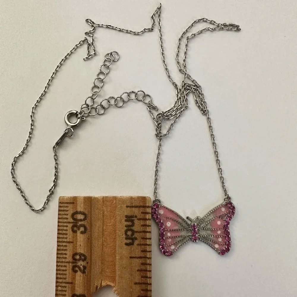 925 Silver butterfly necklace cz stones and pink white handmade enamel